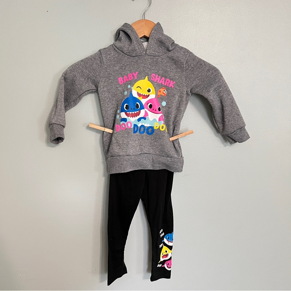 Gray Baby Shark Hoodie and Black Leggings Set
